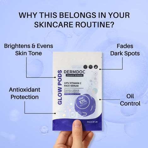 DERMDOC 10% Vitamin C Face Serum Glow Pods (Pack of 20 * 0.5 ml Each) (10 ml) | Potent Face Serum Sachets | Travel-Friendly | Brightening | Fights Dark Spots, Pigmentation & Dull Skin | Serum For Acne