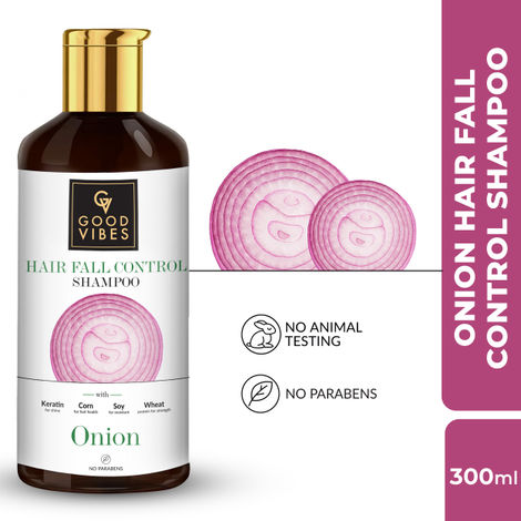Good Vibes Onion Hairfall Control Shampoo with Keratin, Corn, Wheat Protein & Soy – 300 ml