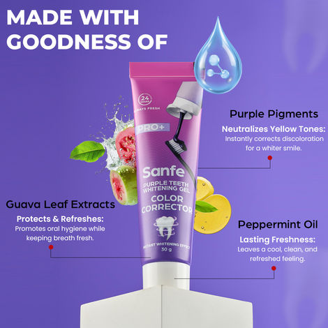 Sanfe Purple Teeth Whitening Gel – Instant Stain Removal & Brightening, 30 gm